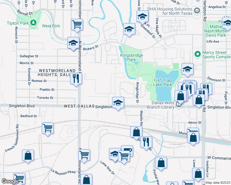 map of restaurants, bars, coffee shops, grocery stores, and more near Toronto St in Dallas