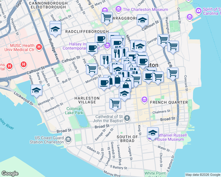 map of restaurants, bars, coffee shops, grocery stores, and more near 107 Wentworth Street in Charleston