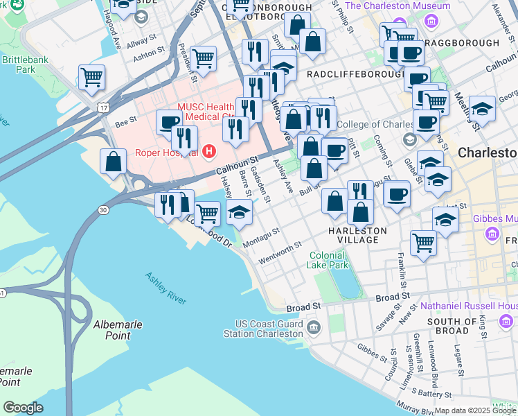 map of restaurants, bars, coffee shops, grocery stores, and more near 50 Barre Street in Charleston