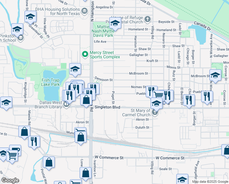 map of restaurants, bars, coffee shops, grocery stores, and more near 1979 Pueblo Street in Dallas