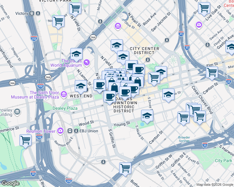 map of restaurants, bars, coffee shops, grocery stores, and more near 1306 Elm Street in Dallas