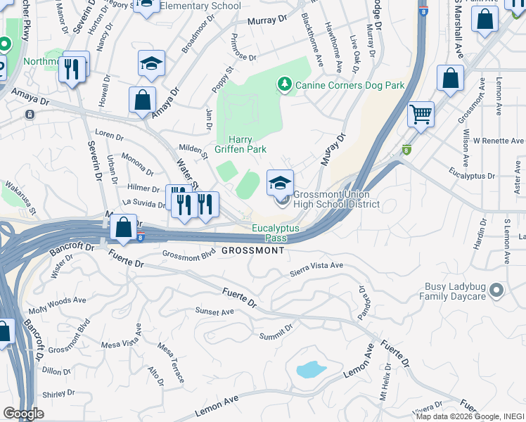 map of restaurants, bars, coffee shops, grocery stores, and more near 1100 Murray Drive in El Cajon