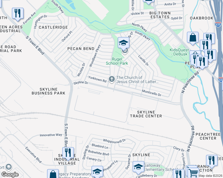 map of restaurants, bars, coffee shops, grocery stores, and more near Skyline Drive in Mesquite
