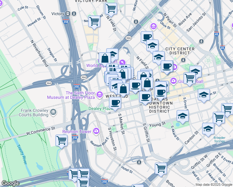 map of restaurants, bars, coffee shops, grocery stores, and more near 900 Pacific Avenue in Dallas