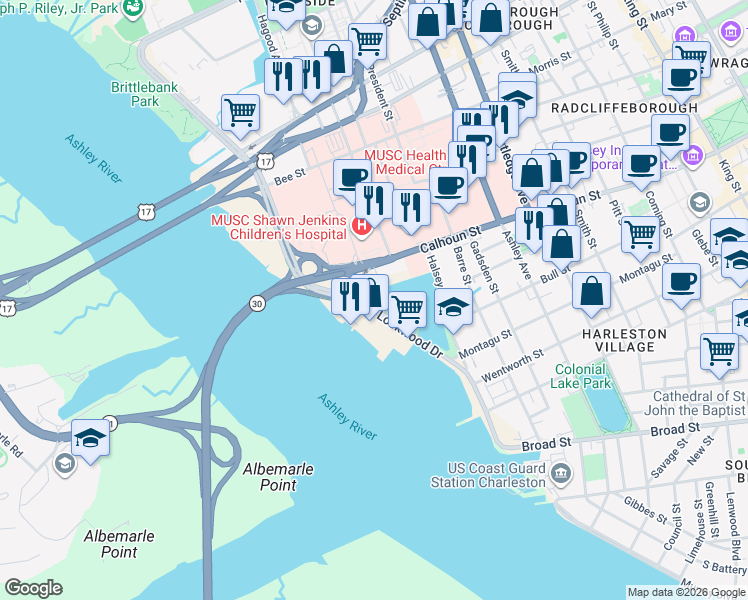 map of restaurants, bars, coffee shops, grocery stores, and more near 14 Lockwood Drive in Charleston