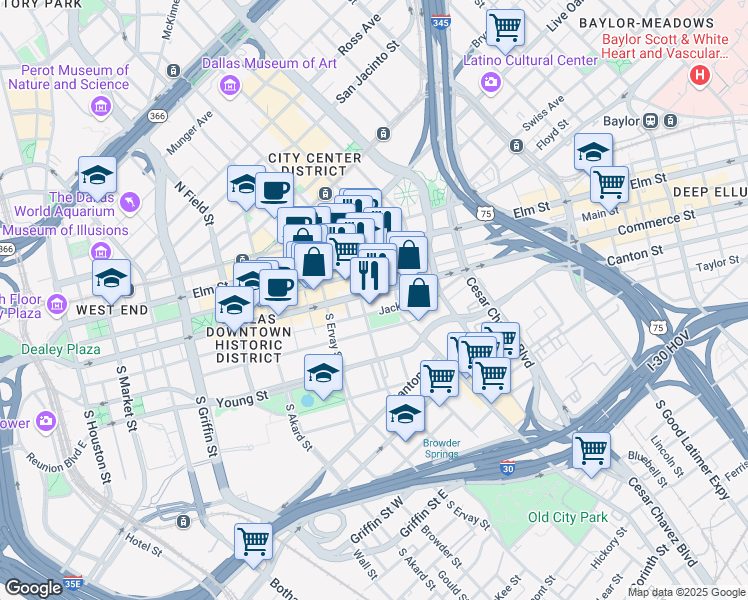 map of restaurants, bars, coffee shops, grocery stores, and more near 1810 Commerce Street in Dallas