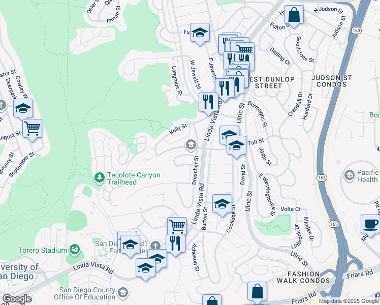 map of restaurants, bars, coffee shops, grocery stores, and more near 6750 North Elman Street in San Diego