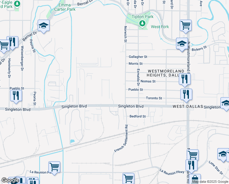 map of restaurants, bars, coffee shops, grocery stores, and more near 3835 Singleton Boulevard in Dallas