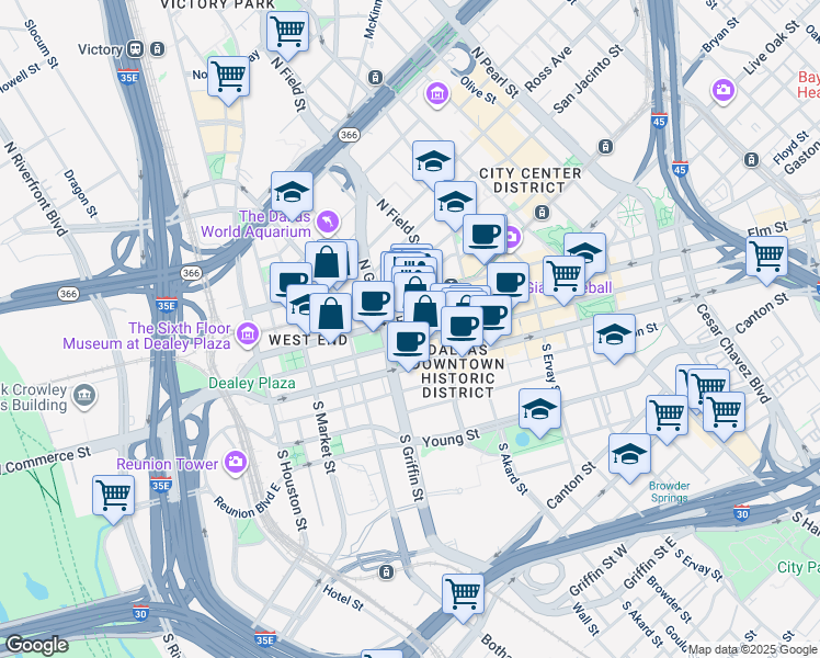 map of restaurants, bars, coffee shops, grocery stores, and more near in Dallas