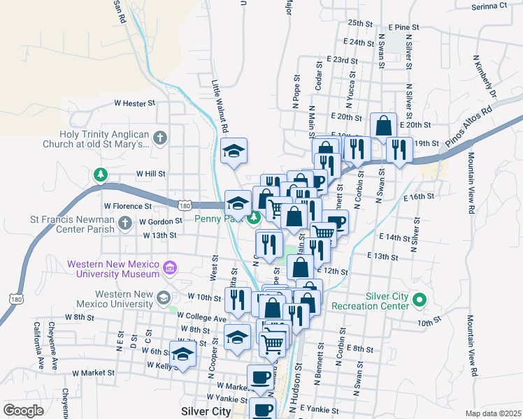 map of restaurants, bars, coffee shops, grocery stores, and more near 212 U.S. 180 in Silver City
