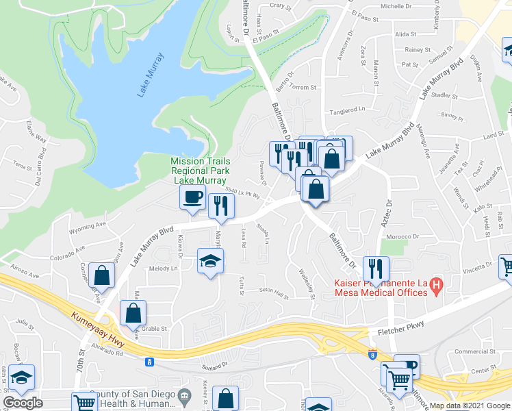 map of restaurants, bars, coffee shops, grocery stores, and more near 5536 Lake Park Way in La Mesa