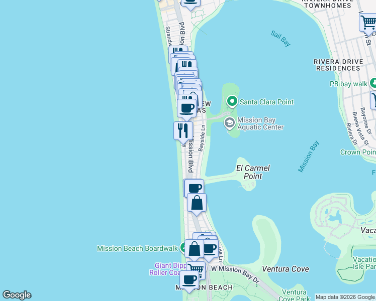 map of restaurants, bars, coffee shops, grocery stores, and more near 3633 Ocean Front Walk in San Diego