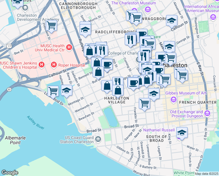 map of restaurants, bars, coffee shops, grocery stores, and more near 36 Montagu Street in Charleston