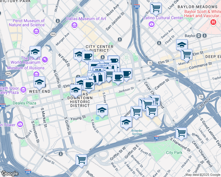 map of restaurants, bars, coffee shops, grocery stores, and more near in Dallas