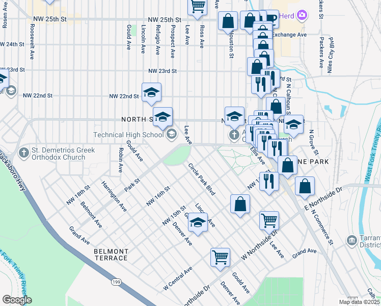 map of restaurants, bars, coffee shops, grocery stores, and more near 109 Northwest 20th Street in Fort Worth
