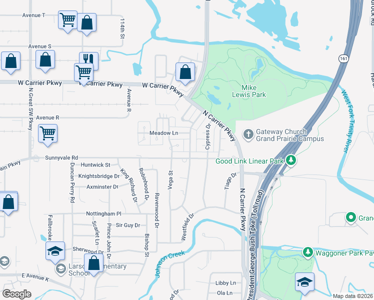 map of restaurants, bars, coffee shops, grocery stores, and more near 2110 Vega Court in Grand Prairie