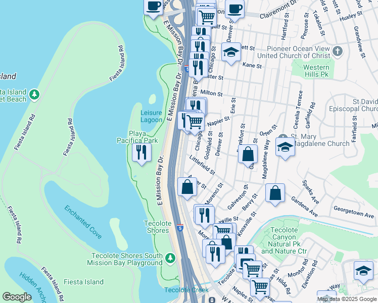 map of restaurants, bars, coffee shops, grocery stores, and more near 1935 Morena Boulevard in San Diego