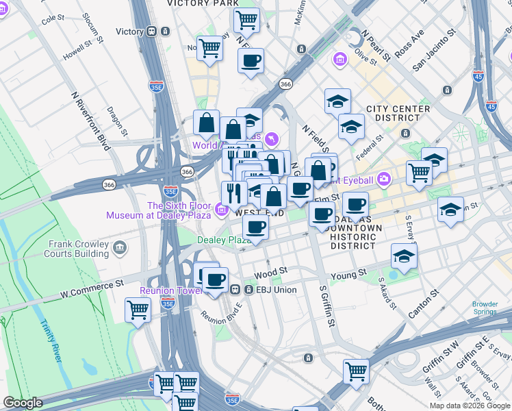 map of restaurants, bars, coffee shops, grocery stores, and more near 222 North Market Street in Dallas