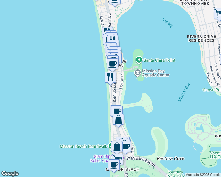 map of restaurants, bars, coffee shops, grocery stores, and more near 3607 Ocean Front Walk in San Diego