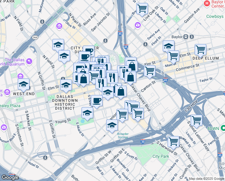 map of restaurants, bars, coffee shops, grocery stores, and more near 2001 Jackson Street in Dallas