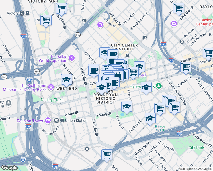 map of restaurants, bars, coffee shops, grocery stores, and more near 1407 Main Street in Dallas