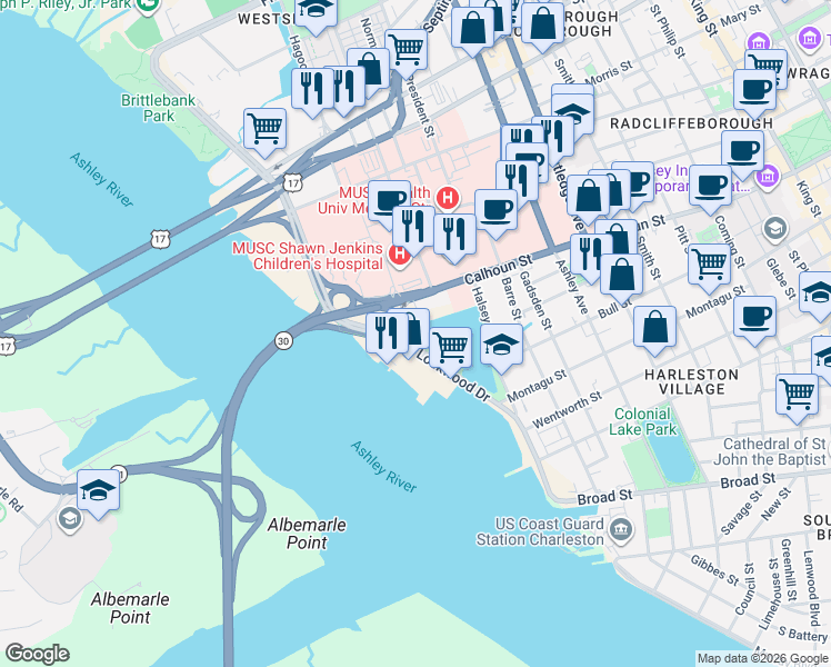 map of restaurants, bars, coffee shops, grocery stores, and more near 14 Lockwood Drive in Charleston
