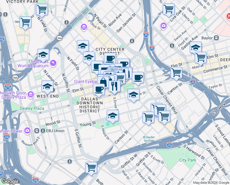 map of restaurants, bars, coffee shops, grocery stores, and more near in Dallas
