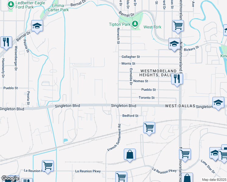 map of restaurants, bars, coffee shops, grocery stores, and more near 3835 Singleton Boulevard in Dallas