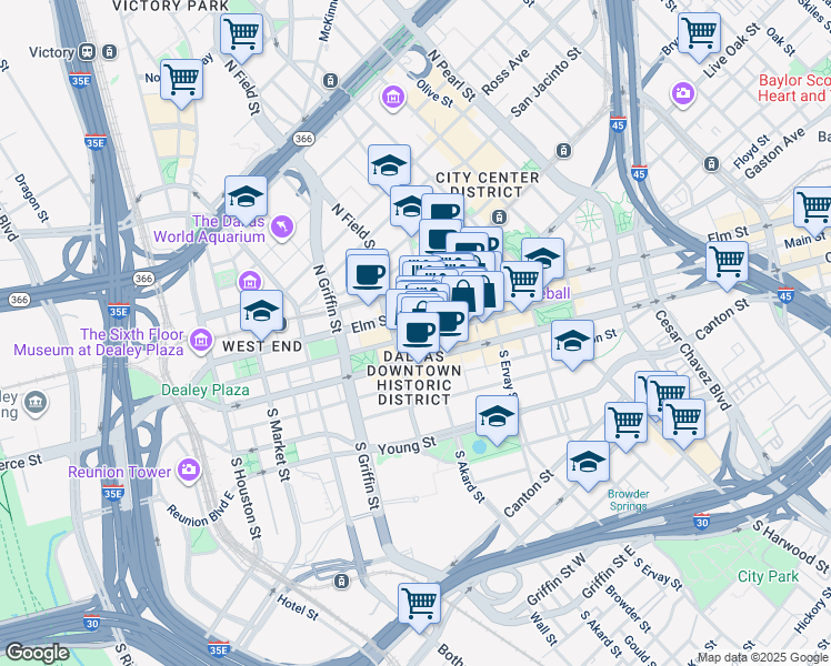 map of restaurants, bars, coffee shops, grocery stores, and more near 1407 Main Street in Dallas