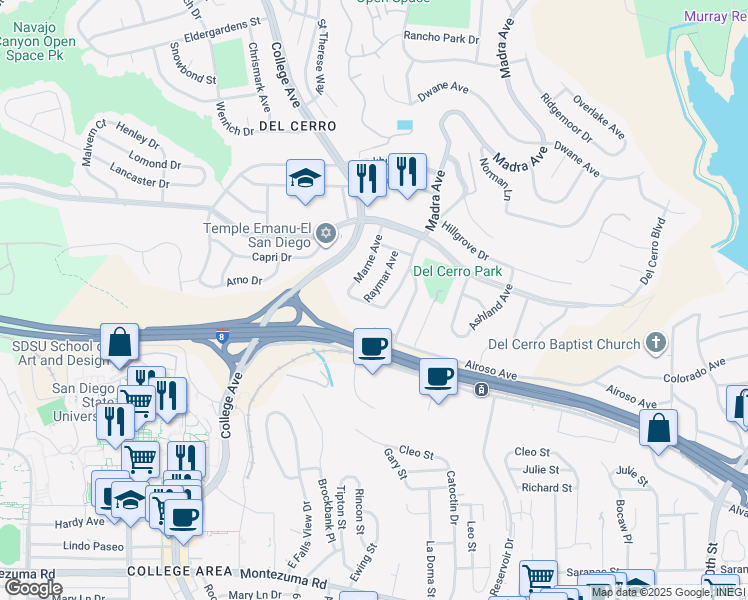 map of restaurants, bars, coffee shops, grocery stores, and more near 6360 Glenmont Street in San Diego