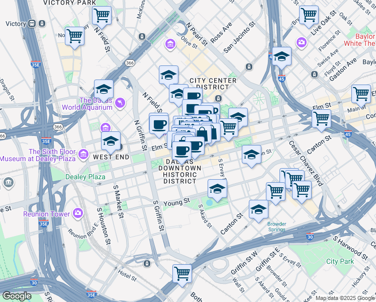 map of restaurants, bars, coffee shops, grocery stores, and more near Main St & N Akard St in Dallas