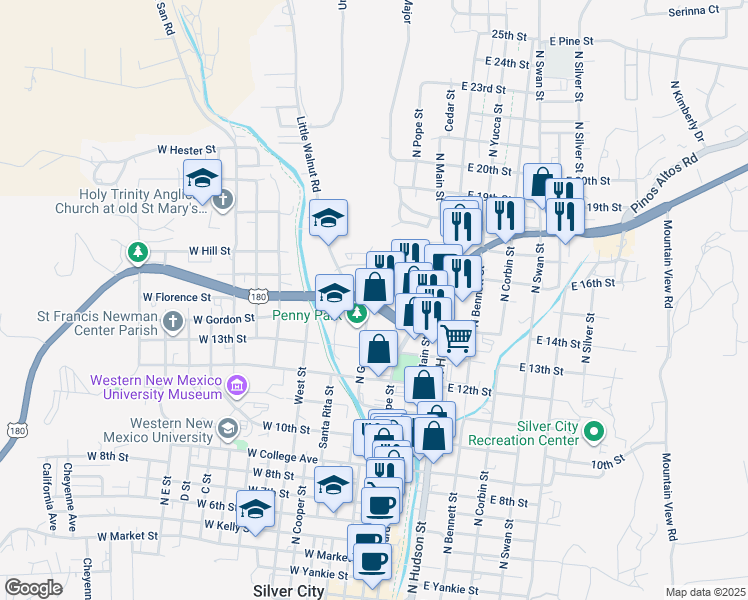 map of restaurants, bars, coffee shops, grocery stores, and more near 212 U.S. 180 in Silver City