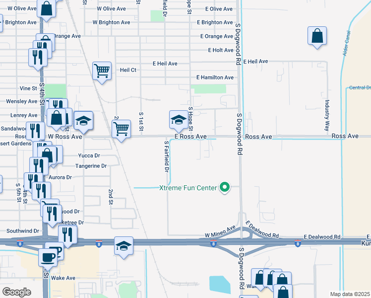 map of restaurants, bars, coffee shops, grocery stores, and more near 253 Ross Avenue in El Centro