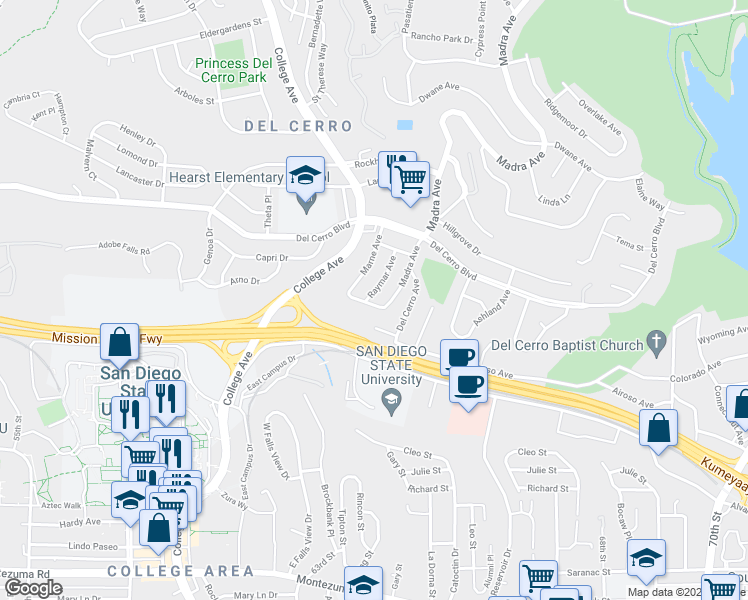 map of restaurants, bars, coffee shops, grocery stores, and more near 6360 Glenmont Street in San Diego