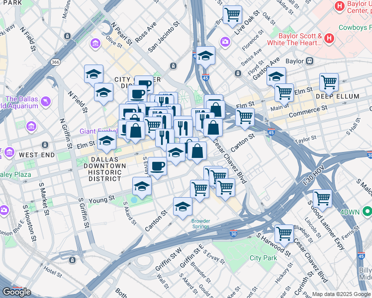 map of restaurants, bars, coffee shops, grocery stores, and more near 2012a Commerce Street in Dallas