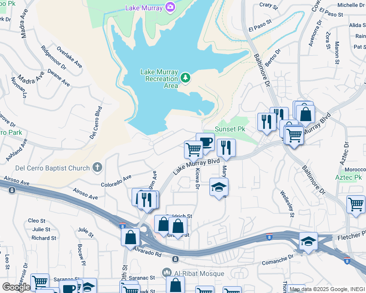 map of restaurants, bars, coffee shops, grocery stores, and more near 5540 Kiowa Drive in La Mesa