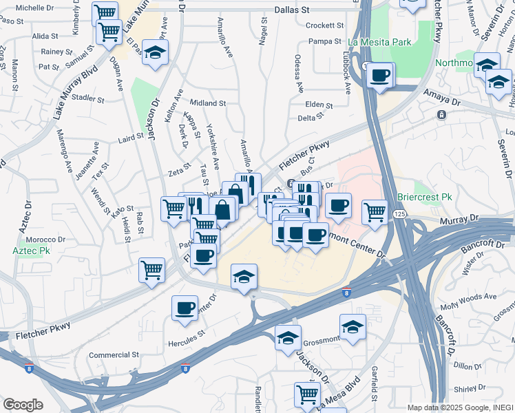 map of restaurants, bars, coffee shops, grocery stores, and more near 8625 Trolley Court in La Mesa
