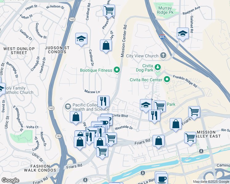 map of restaurants, bars, coffee shops, grocery stores, and more near 5830 Mission Center Road in San Diego