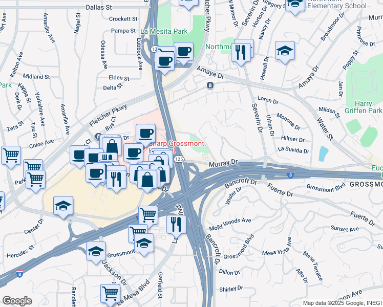 map of restaurants, bars, coffee shops, grocery stores, and more near 9001 Wakarusa Street in La Mesa