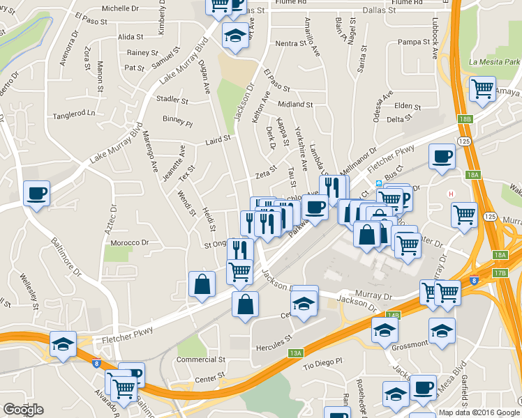 map of restaurants, bars, coffee shops, grocery stores, and more near 5630 Sigma Street in La Mesa