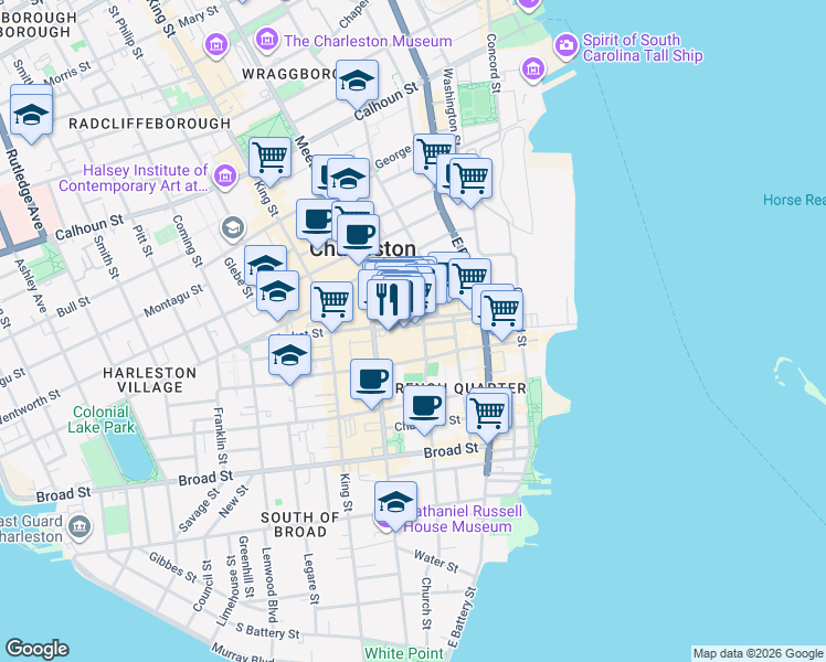 map of restaurants, bars, coffee shops, grocery stores, and more near 188 Meeting Street in Charleston