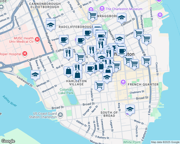 map of restaurants, bars, coffee shops, grocery stores, and more near 122 Wentworth Street in Charleston