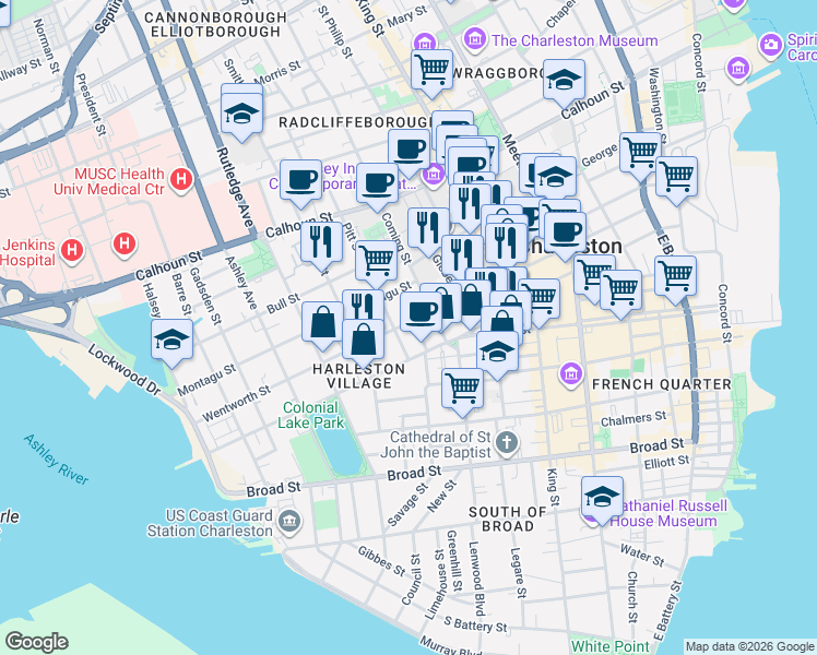 map of restaurants, bars, coffee shops, grocery stores, and more near 122 Wentworth Street in Charleston