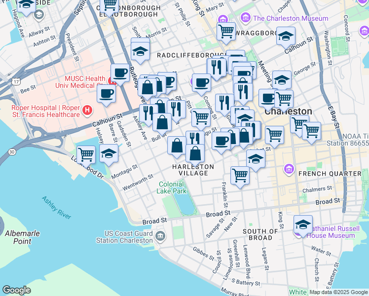 map of restaurants, bars, coffee shops, grocery stores, and more near 36 Montagu Street in Charleston