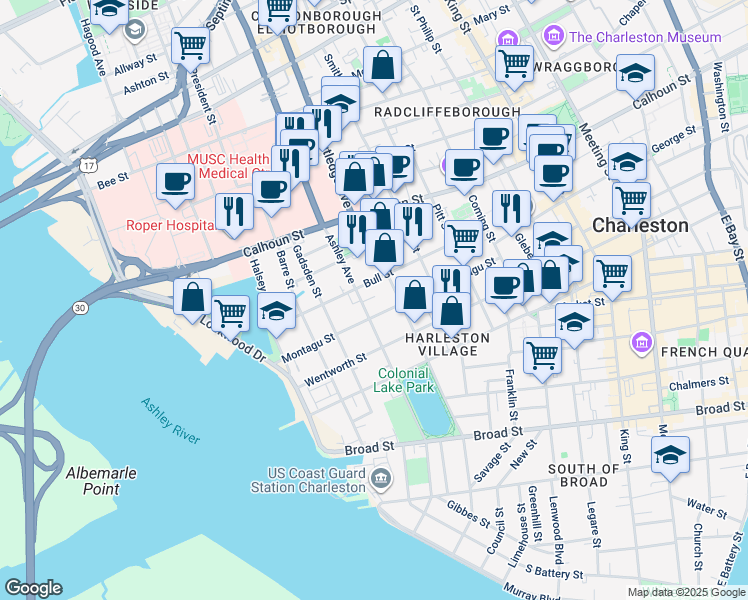 map of restaurants, bars, coffee shops, grocery stores, and more near 109 Bull Street in Charleston