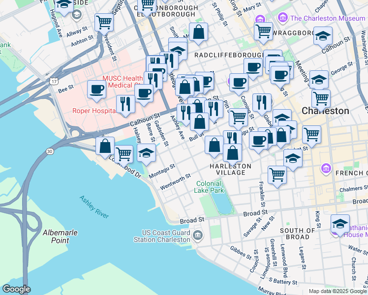 map of restaurants, bars, coffee shops, grocery stores, and more near 109 Bull Street in Charleston