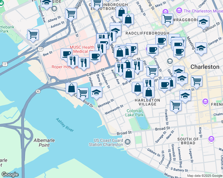 map of restaurants, bars, coffee shops, grocery stores, and more near 56 Gadsden Street in Charleston