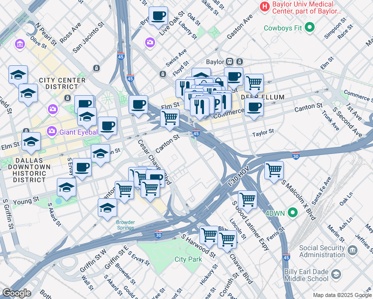 map of restaurants, bars, coffee shops, grocery stores, and more near 2425 Taylor Street in Dallas
