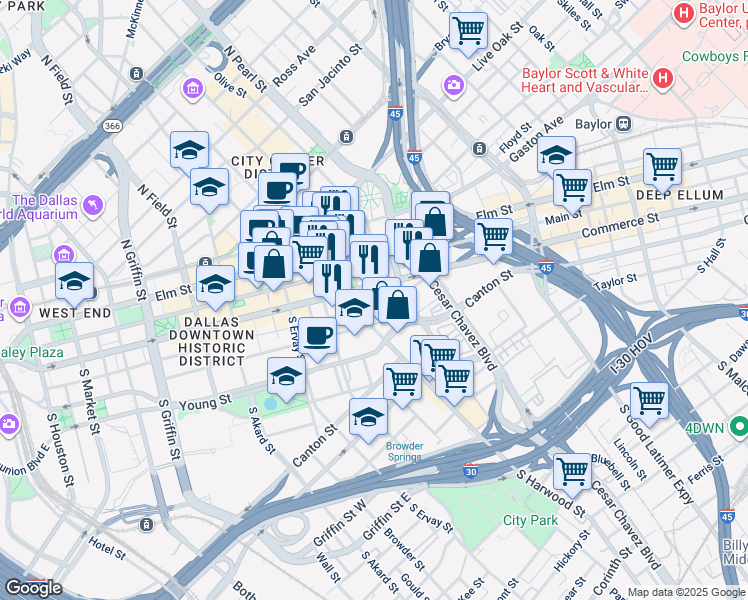 map of restaurants, bars, coffee shops, grocery stores, and more near 2012a Commerce Street in Dallas