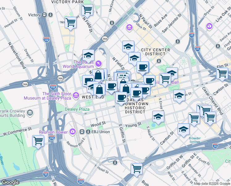 map of restaurants, bars, coffee shops, grocery stores, and more near in Dallas